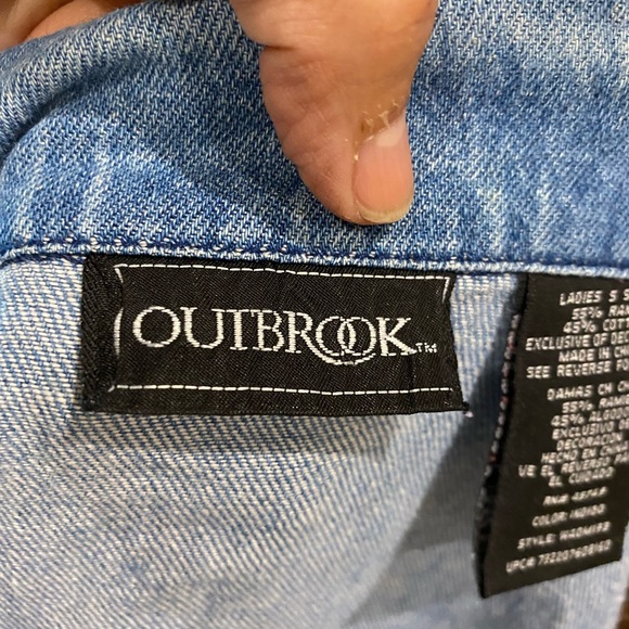 Jean jacket by Outbrook size ladies Small 24” long 23” armpit to armpit - Picture 3 of 13